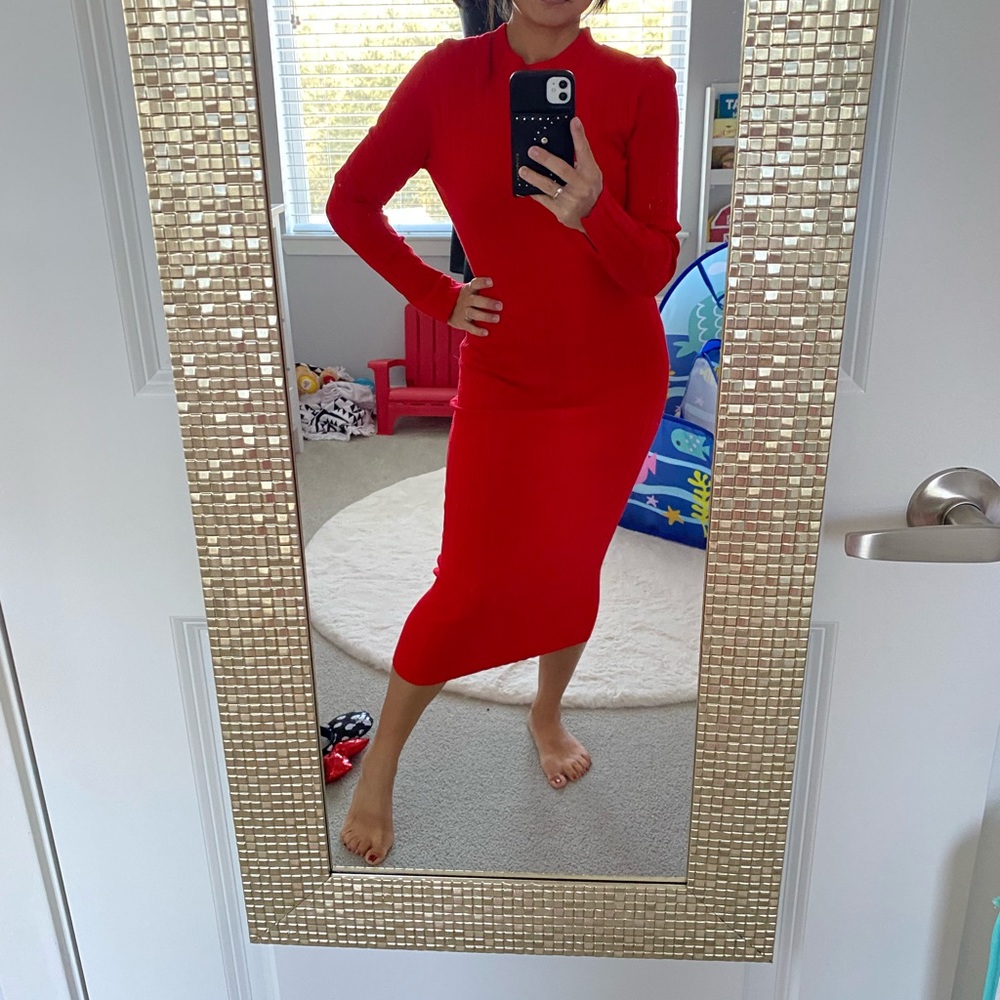 Form fitting red midi dress